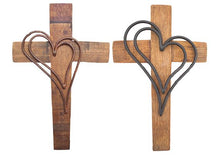 Load image into Gallery viewer, &quot;Double Heart Floating&quot; Wine Barrel Stave Cross
