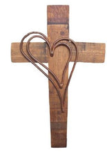 Load image into Gallery viewer, &quot;Double Heart Floating&quot; Wine Barrel Stave Cross
