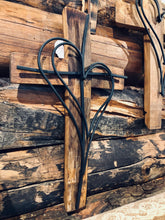 Load image into Gallery viewer, &quot;Double Heart and Cross&quot; Wine Barrel Stave Cross
